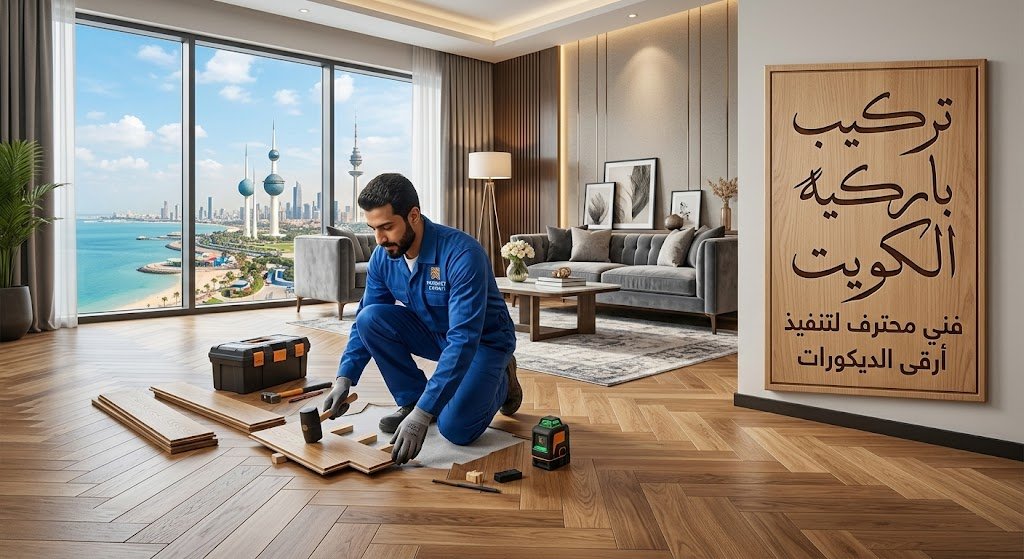 فني خبير يقوم بتركيب أرضيات باركيه في الكويت